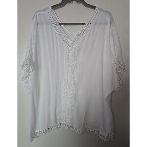 Cato Plus Size 22/24W White Boho Crochet Lace Trim V-Neck Tunic Blouse